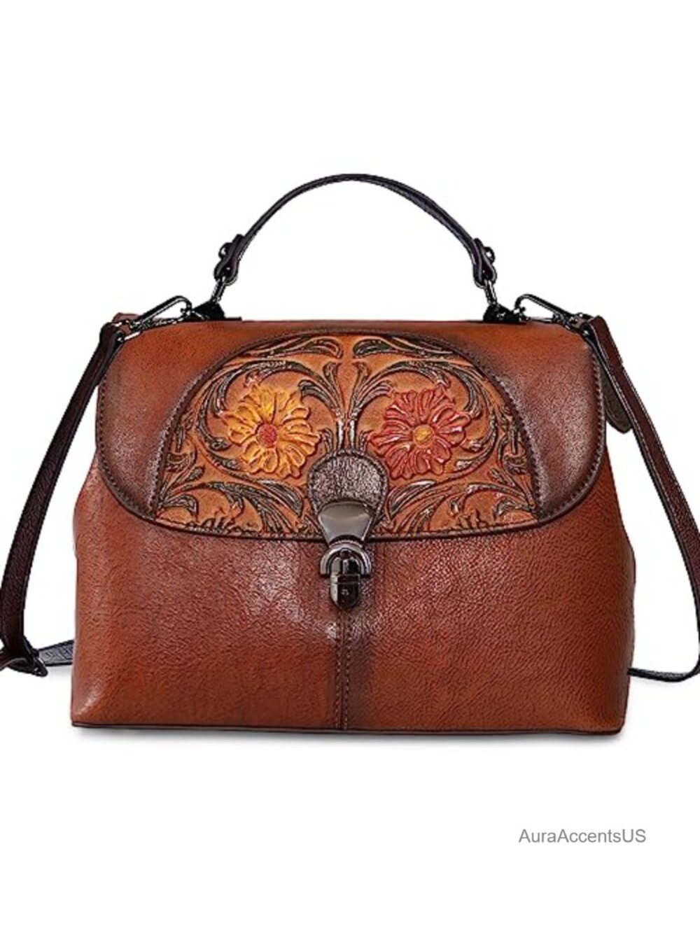 Genuine Leather Satchel Handbag Handmade Vintage Embossed Crossbody Purse